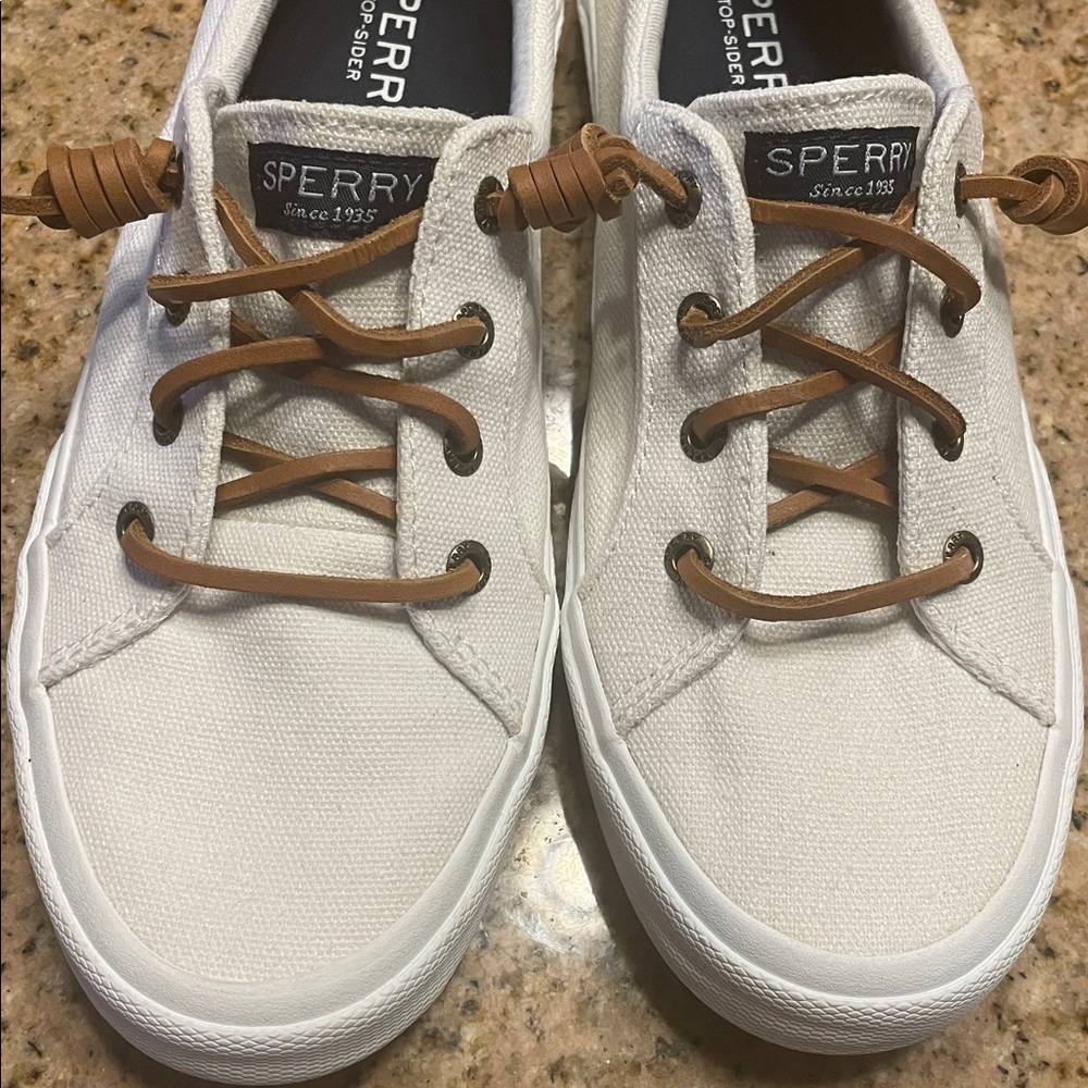 Sperry Topsiders Cream Canvas with Tan Leather Laces - Like New! Size 7 - Picture 11 of 12